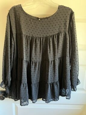 Women's Black Swiss Dot Tiered Long-Sleeve Blouse